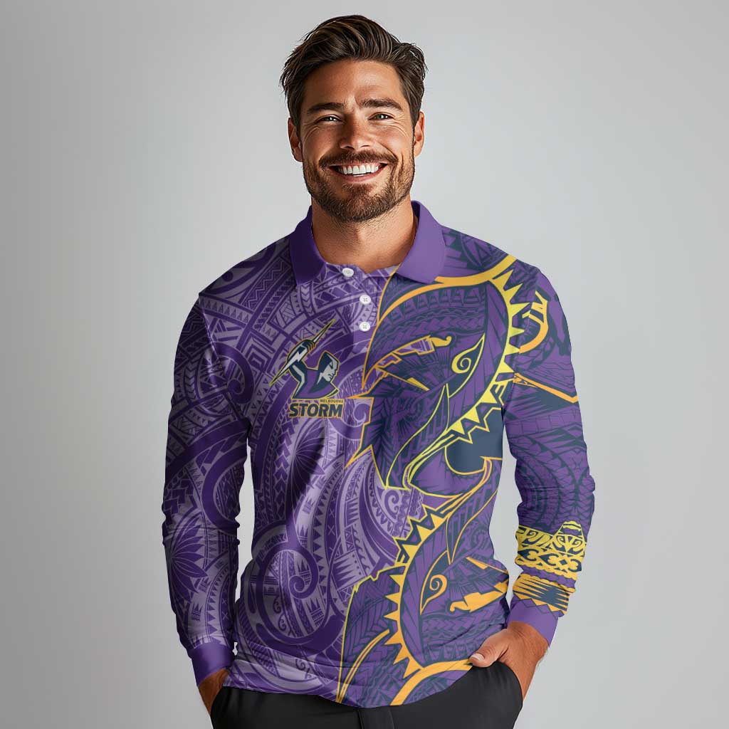 Melbourne Storm Long Sleeve Polo Shirt Polynesian Tribal Tattoo Pacific Sport Art