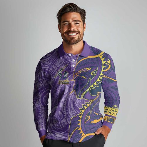 Melbourne Storm Long Sleeve Polo Shirt Polynesian Tribal Tattoo Pacific Sport Art