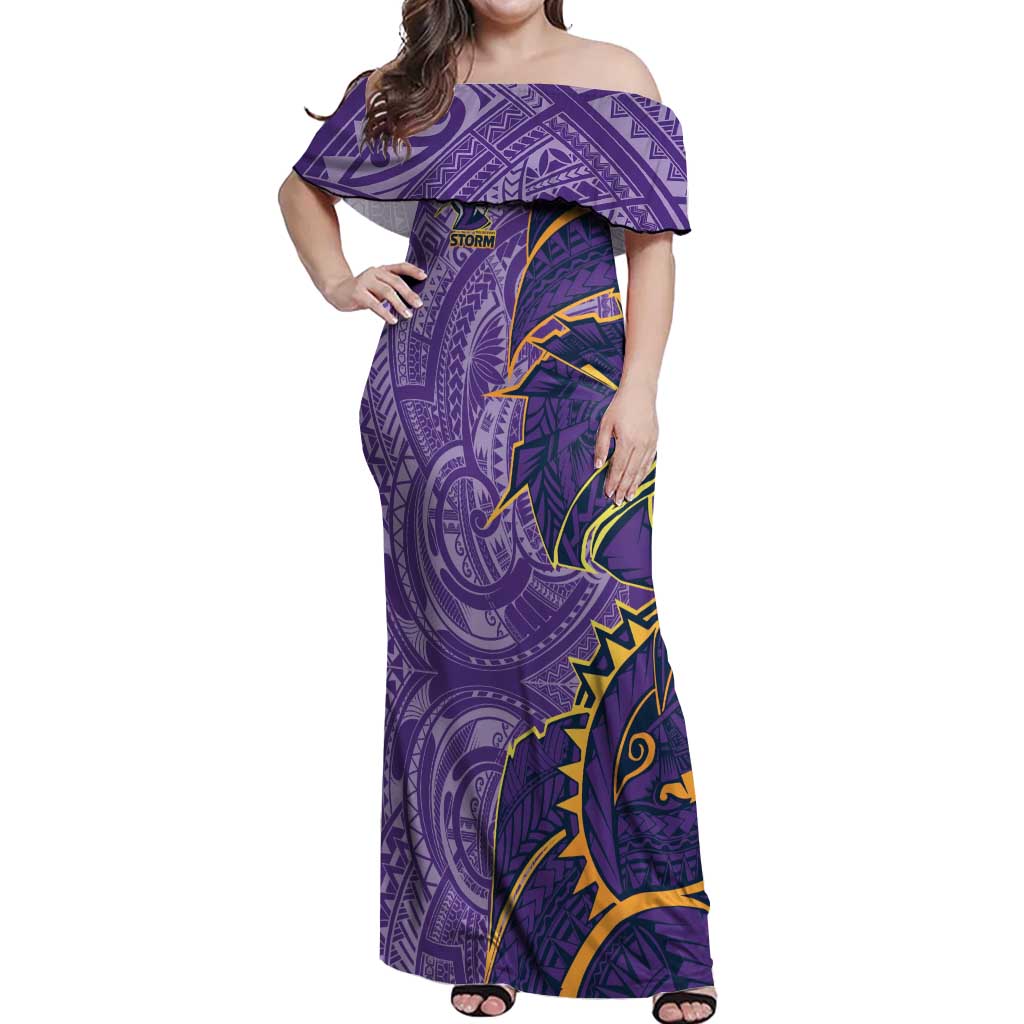 Melbourne Storm Off Shoulder Maxi Dress Polynesian Tribal Tattoo Pacific Sport Art