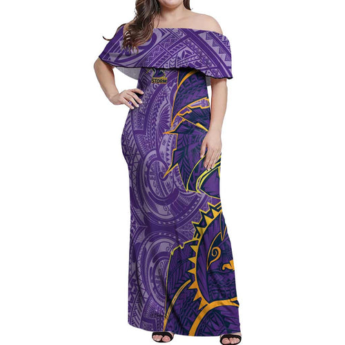 Melbourne Storm Off Shoulder Maxi Dress Polynesian Tribal Tattoo Pacific Sport Art