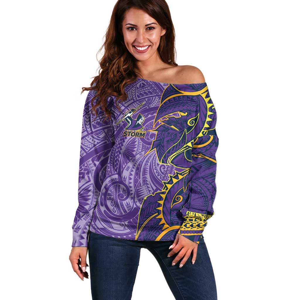Melbourne Storm Off Shoulder Sweater Polynesian Tribal Tattoo Pacific Sport Art