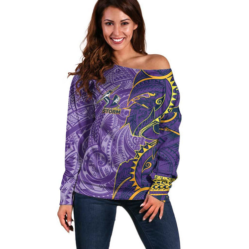 Melbourne Storm Off Shoulder Sweater Polynesian Tribal Tattoo Pacific Sport Art