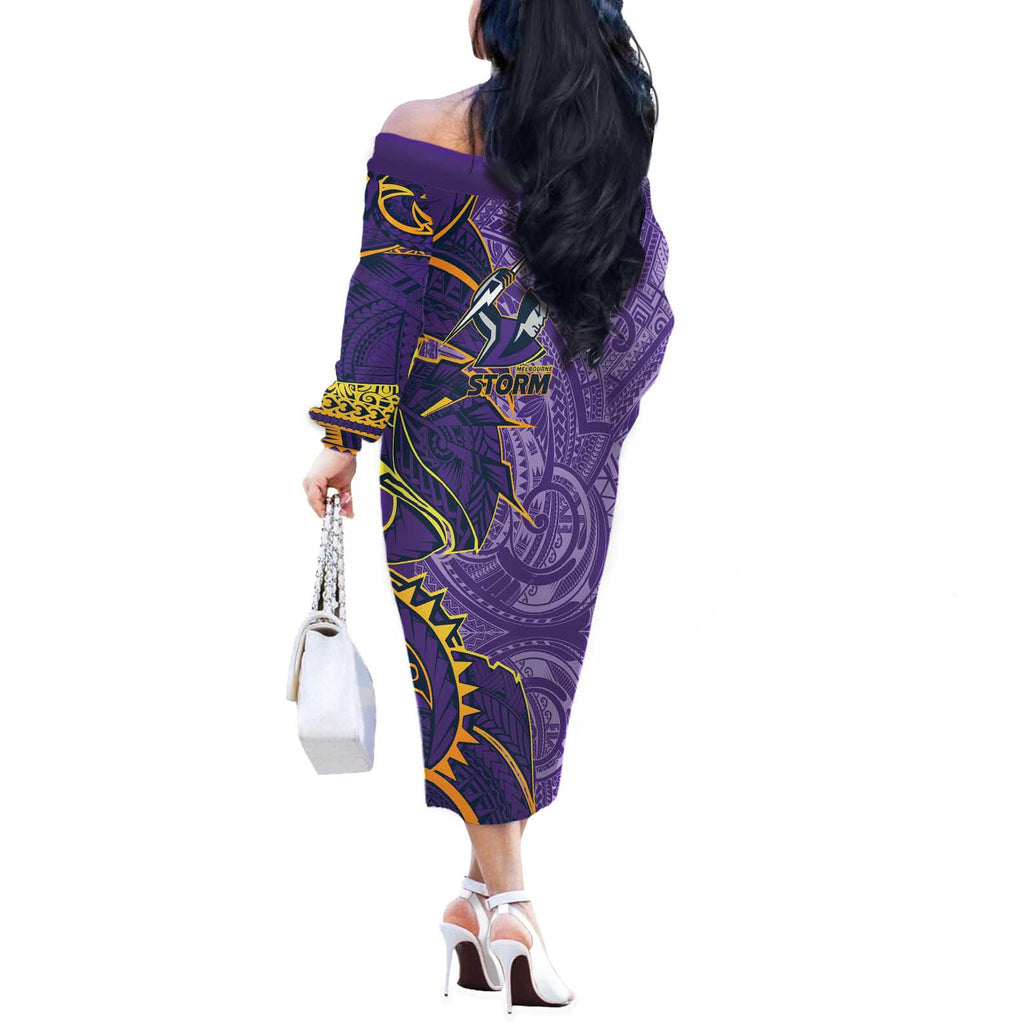 Melbourne Storm Off The Shoulder Long Sleeve Dress Polynesian Tribal Tattoo Pacific Sport Art