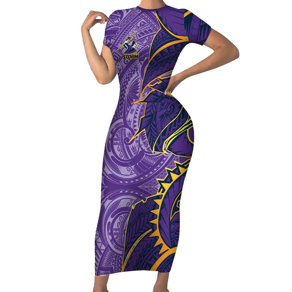Melbourne Storm Short Sleeve Bodycon Dress Polynesian Tribal Tattoo Pacific Sport Art