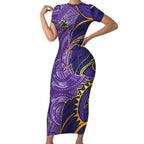 Melbourne Storm Short Sleeve Bodycon Dress Polynesian Tribal Tattoo Pacific Sport Art