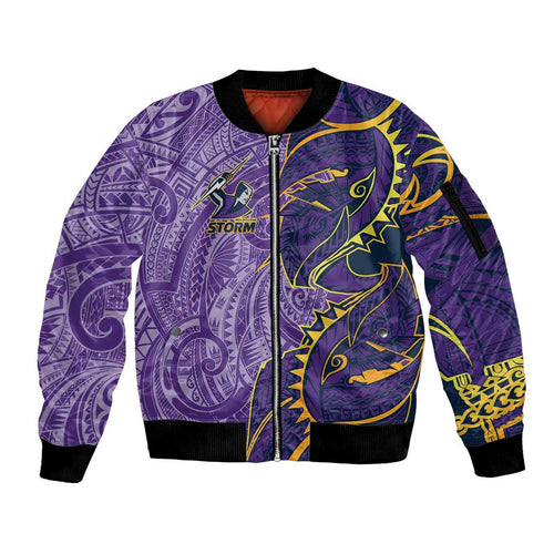 Melbourne Storm Sleeve Zip Bomber Jacket Polynesian Tribal Tattoo Pacific Sport Art