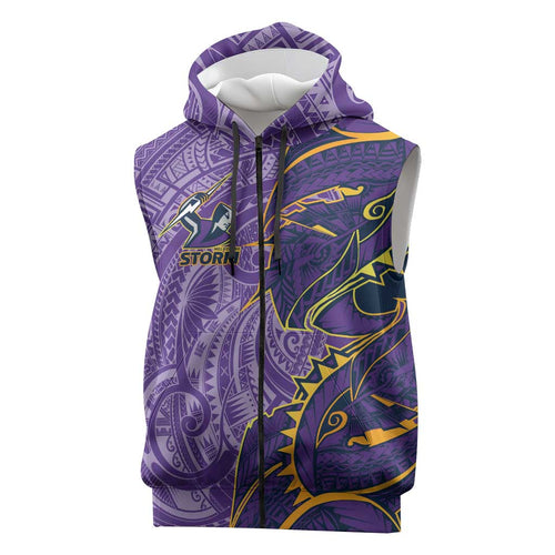 Melbourne Storm Sleeveless Zip Hoodie Polynesian Tribal Tattoo Pacific Sport Art
