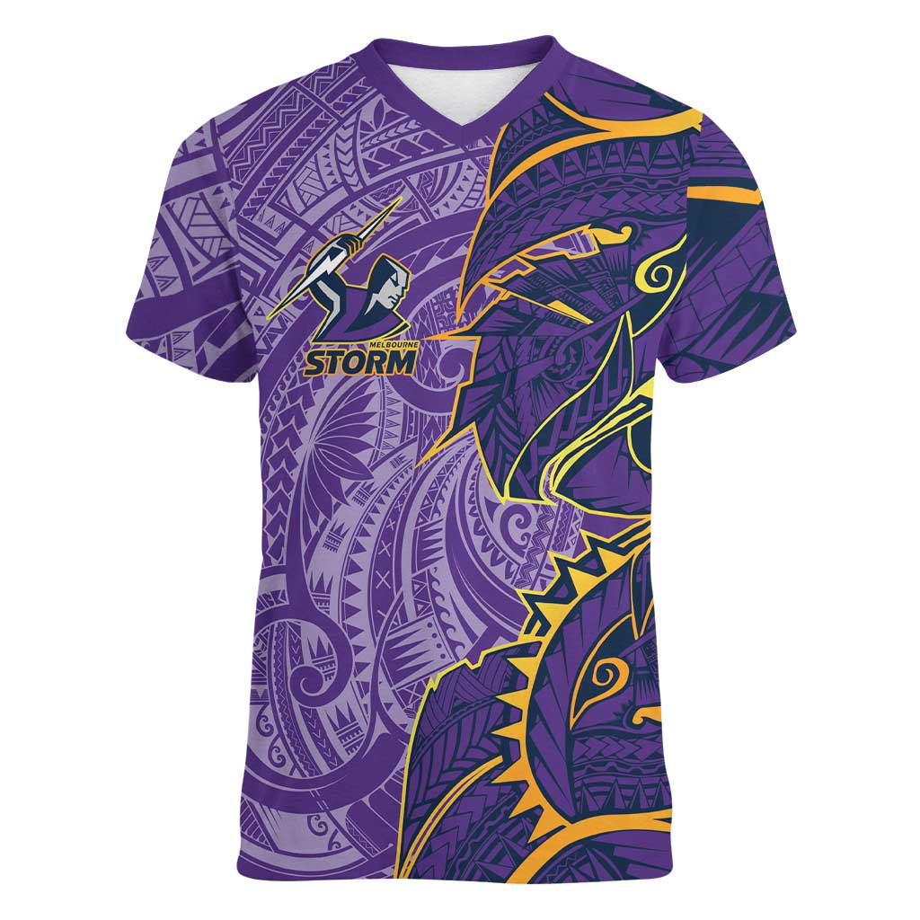 Melbourne Storm Women V-Neck T-Shirt Polynesian Tribal Tattoo Pacific Sport Art
