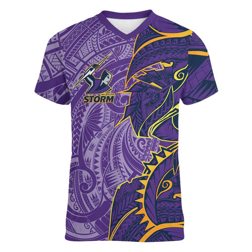 Melbourne Storm Women V-Neck T-Shirt Polynesian Tribal Tattoo Pacific Sport Art