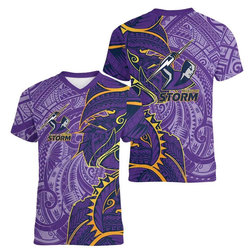Melbourne Storm Women V-Neck T-Shirt Polynesian Tribal Tattoo Pacific Sport Art