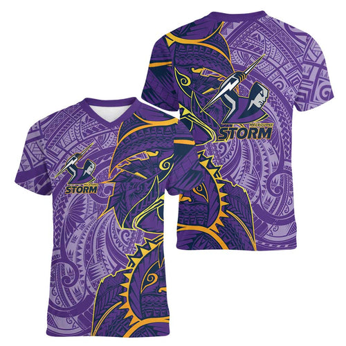 Melbourne Storm Women V-Neck T-Shirt Polynesian Tribal Tattoo Pacific Sport Art