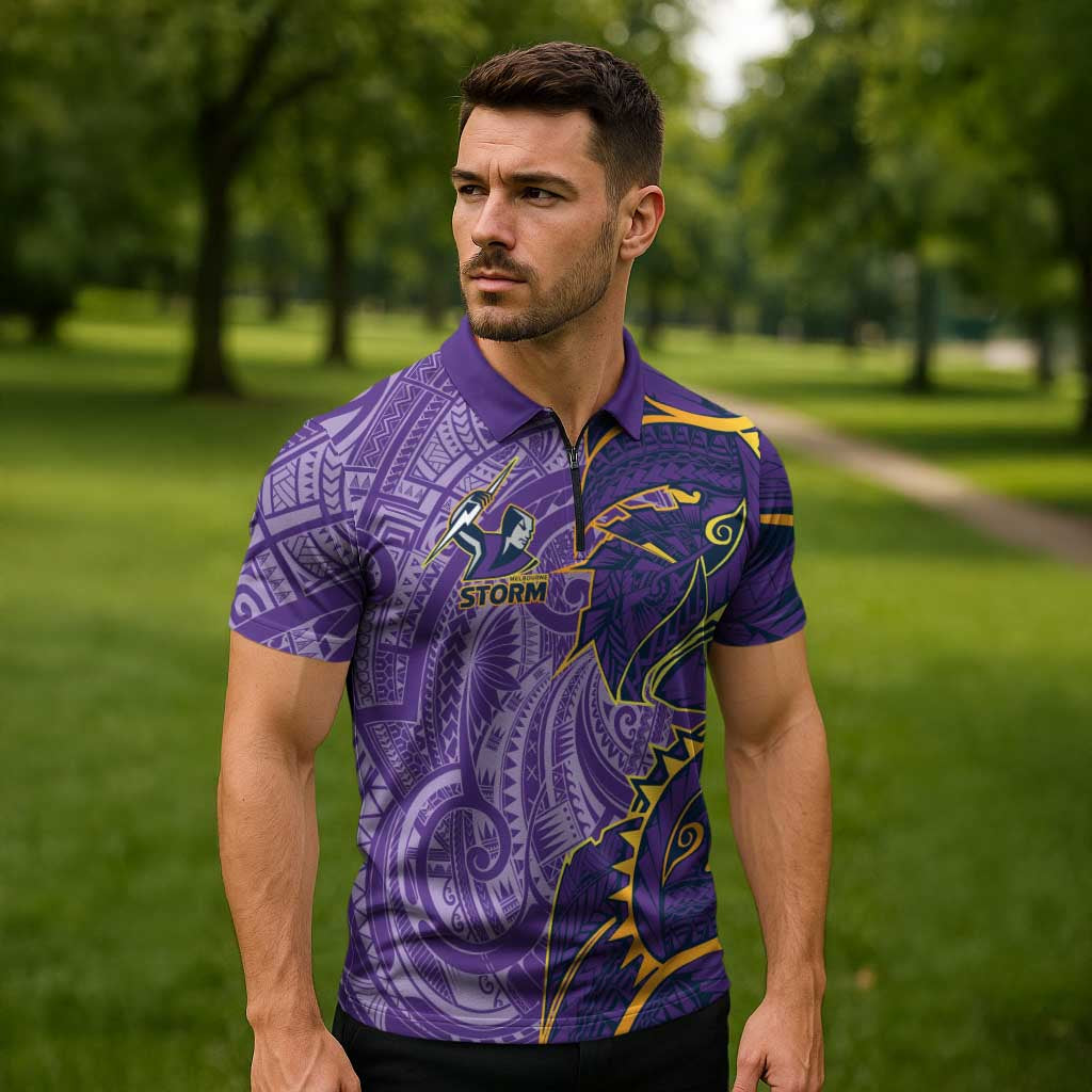 Melbourne Storm Zipper Polo Shirt Polynesian Tribal Tattoo Pacific Sport Art