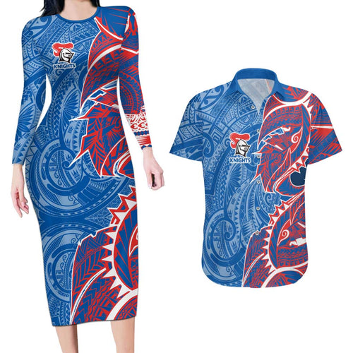 Newcastle Knights Couples Matching Long Sleeve Bodycon Dress and Hawaiian Shirt Polynesian Tribal Tattoo Pacific Sport Art