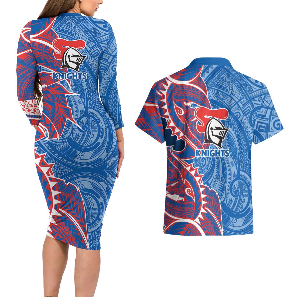 Newcastle Knights Couples Matching Long Sleeve Bodycon Dress and Hawaiian Shirt Polynesian Tribal Tattoo Pacific Sport Art