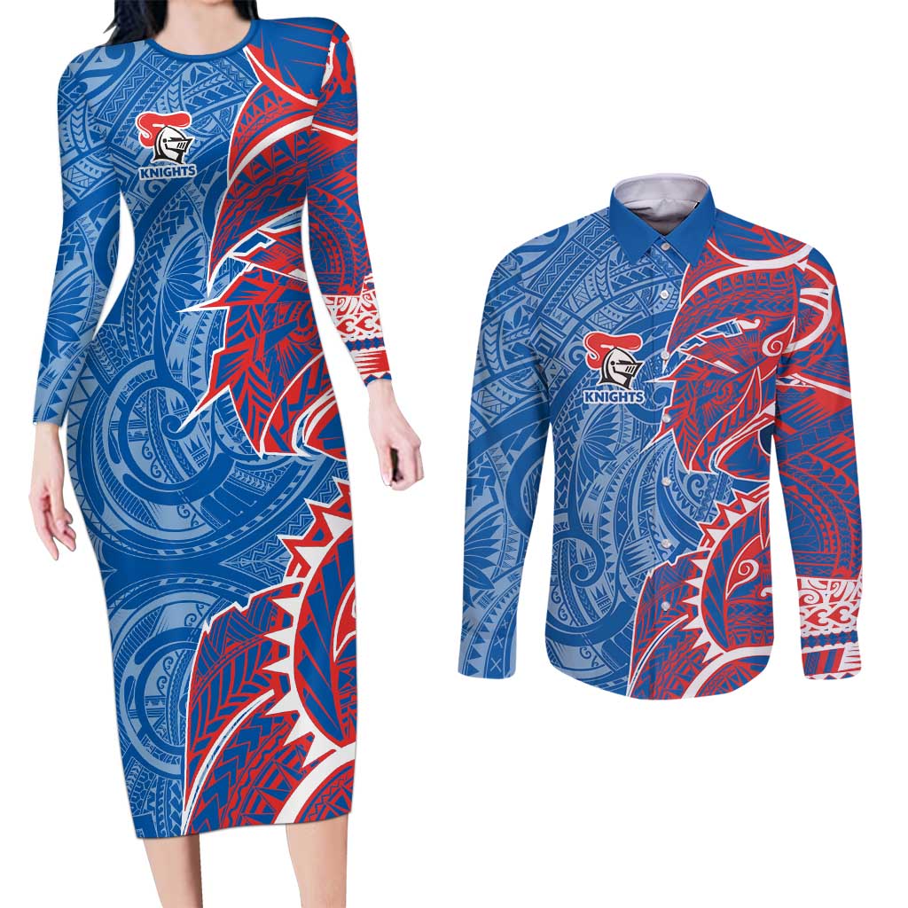 Newcastle Knights Couples Matching Long Sleeve Bodycon Dress and Long Sleeve Button Shirt Polynesian Tribal Tattoo Pacific Sport Art