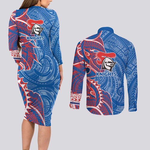 Newcastle Knights Couples Matching Long Sleeve Bodycon Dress and Long Sleeve Button Shirt Polynesian Tribal Tattoo Pacific Sport Art