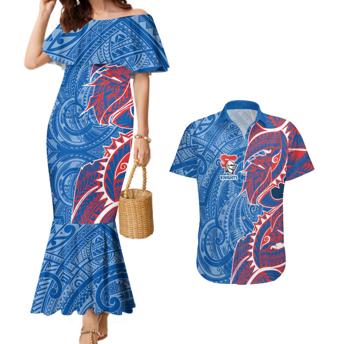 Newcastle Knights Couples Matching Mermaid Dress and Hawaiian Shirt Polynesian Tribal Tattoo Pacific Sport Art