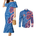 Newcastle Knights Couples Matching Mermaid Dress and Long Sleeve Button Shirt Polynesian Tribal Tattoo Pacific Sport Art