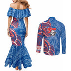 Newcastle Knights Couples Matching Mermaid Dress and Long Sleeve Button Shirt Polynesian Tribal Tattoo Pacific Sport Art