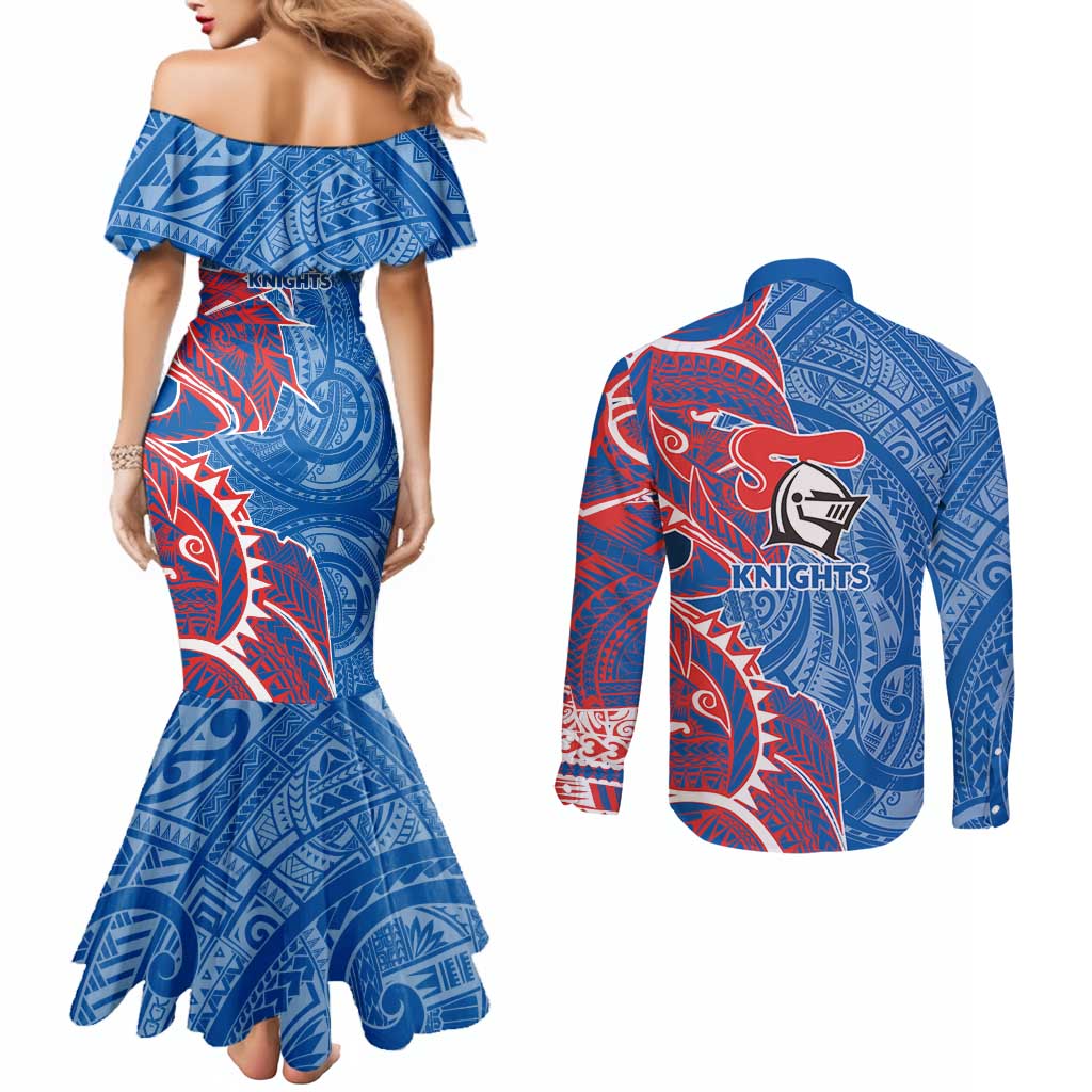 Newcastle Knights Couples Matching Mermaid Dress and Long Sleeve Button Shirt Polynesian Tribal Tattoo Pacific Sport Art
