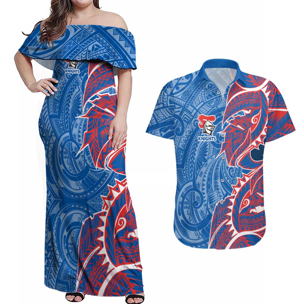 Newcastle Knights Couples Matching Off Shoulder Maxi Dress and Hawaiian Shirt Polynesian Tribal Tattoo Pacific Sport Art