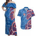 Newcastle Knights Couples Matching Off Shoulder Maxi Dress and Hawaiian Shirt Polynesian Tribal Tattoo Pacific Sport Art