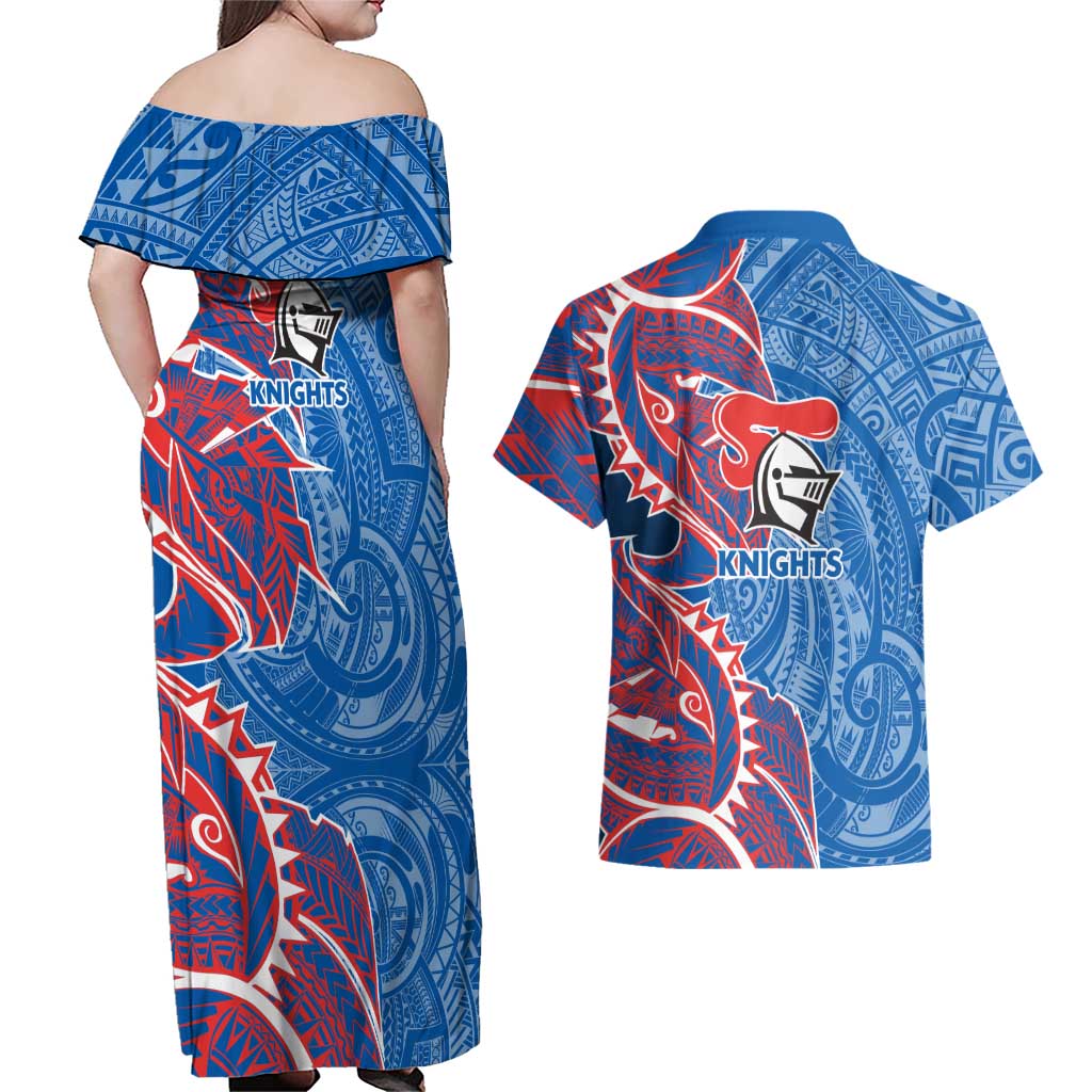 Newcastle Knights Couples Matching Off Shoulder Maxi Dress and Hawaiian Shirt Polynesian Tribal Tattoo Pacific Sport Art