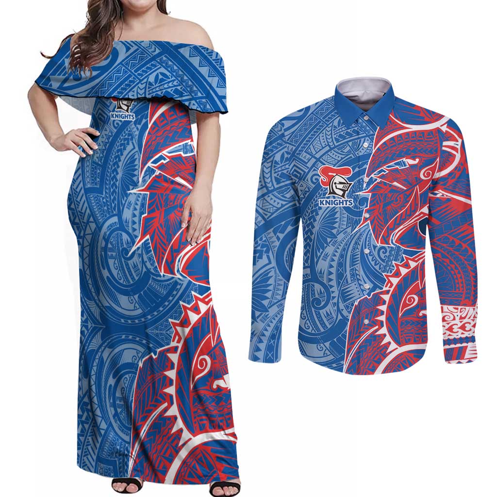 Newcastle Knights Couples Matching Off Shoulder Maxi Dress and Long Sleeve Button Shirt Polynesian Tribal Tattoo Pacific Sport Art