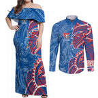 Newcastle Knights Couples Matching Off Shoulder Maxi Dress and Long Sleeve Button Shirt Polynesian Tribal Tattoo Pacific Sport Art