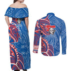 Newcastle Knights Couples Matching Off Shoulder Maxi Dress and Long Sleeve Button Shirt Polynesian Tribal Tattoo Pacific Sport Art