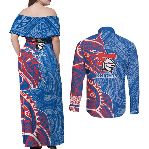 Newcastle Knights Couples Matching Off Shoulder Maxi Dress and Long Sleeve Button Shirt Polynesian Tribal Tattoo Pacific Sport Art