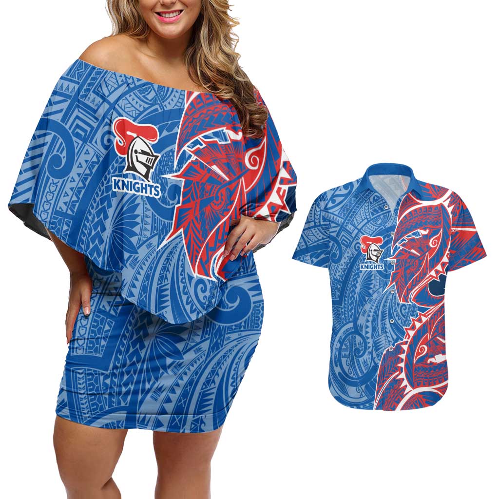 Newcastle Knights Couples Matching Off Shoulder Short Dress and Hawaiian Shirt Polynesian Tribal Tattoo Pacific Sport Art