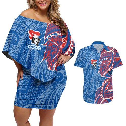 Newcastle Knights Couples Matching Off Shoulder Short Dress and Hawaiian Shirt Polynesian Tribal Tattoo Pacific Sport Art
