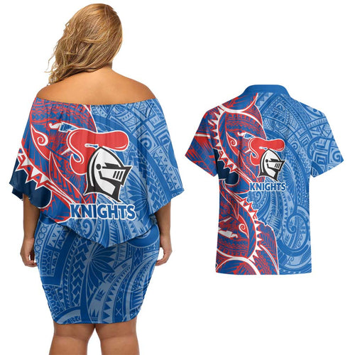 Newcastle Knights Couples Matching Off Shoulder Short Dress and Hawaiian Shirt Polynesian Tribal Tattoo Pacific Sport Art