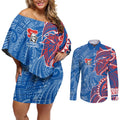 Newcastle Knights Couples Matching Off Shoulder Short Dress and Long Sleeve Button Shirt Polynesian Tribal Tattoo Pacific Sport Art