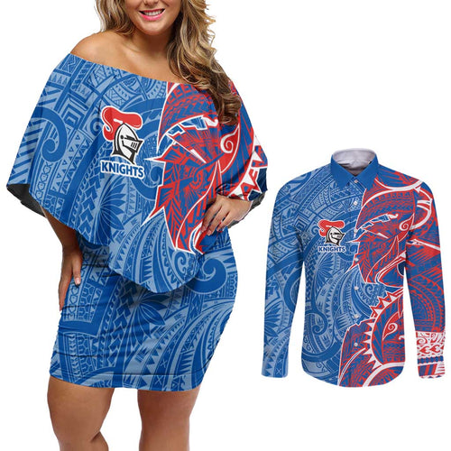 Newcastle Knights Couples Matching Off Shoulder Short Dress and Long Sleeve Button Shirt Polynesian Tribal Tattoo Pacific Sport Art