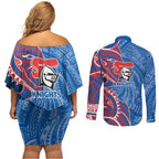 Newcastle Knights Couples Matching Off Shoulder Short Dress and Long Sleeve Button Shirt Polynesian Tribal Tattoo Pacific Sport Art