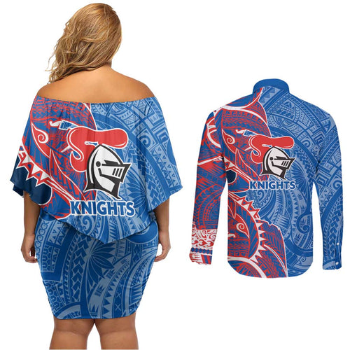 Newcastle Knights Couples Matching Off Shoulder Short Dress and Long Sleeve Button Shirt Polynesian Tribal Tattoo Pacific Sport Art