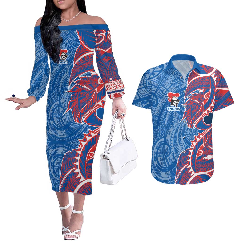 Newcastle Knights Couples Matching Off The Shoulder Long Sleeve Dress and Hawaiian Shirt Polynesian Tribal Tattoo Pacific Sport Art