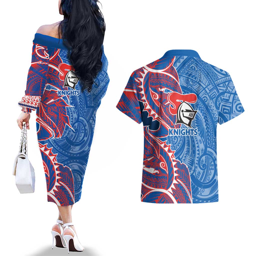 Newcastle Knights Couples Matching Off The Shoulder Long Sleeve Dress and Hawaiian Shirt Polynesian Tribal Tattoo Pacific Sport Art