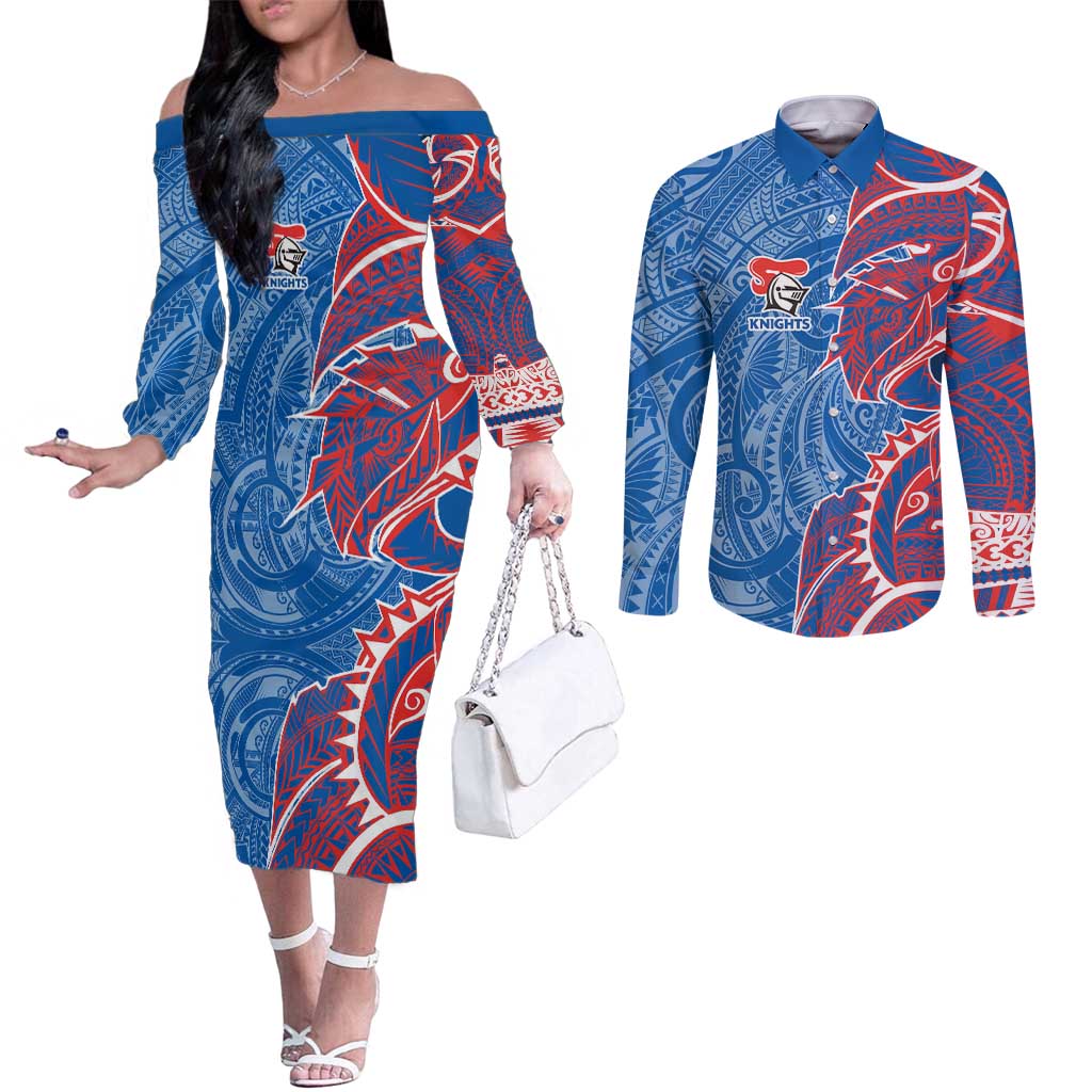 Newcastle Knights Couples Matching Off The Shoulder Long Sleeve Dress and Long Sleeve Button Shirt Polynesian Tribal Tattoo Pacific Sport Art