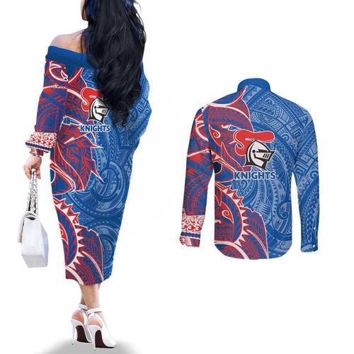 Newcastle Knights Couples Matching Off The Shoulder Long Sleeve Dress and Long Sleeve Button Shirt Polynesian Tribal Tattoo Pacific Sport Art