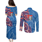 Newcastle Knights Couples Matching Puletasi and Long Sleeve Button Shirt Polynesian Tribal Tattoo Pacific Sport Art