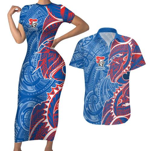 Newcastle Knights Couples Matching Short Sleeve Bodycon Dress and Hawaiian Shirt Polynesian Tribal Tattoo Pacific Sport Art