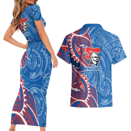 Newcastle Knights Couples Matching Short Sleeve Bodycon Dress and Hawaiian Shirt Polynesian Tribal Tattoo Pacific Sport Art
