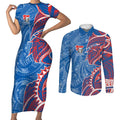 Newcastle Knights Couples Matching Short Sleeve Bodycon Dress and Long Sleeve Button Shirt Polynesian Tribal Tattoo Pacific Sport Art