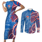 Newcastle Knights Couples Matching Short Sleeve Bodycon Dress and Long Sleeve Button Shirt Polynesian Tribal Tattoo Pacific Sport Art