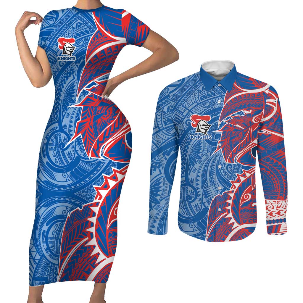 Newcastle Knights Couples Matching Short Sleeve Bodycon Dress and Long Sleeve Button Shirt Polynesian Tribal Tattoo Pacific Sport Art