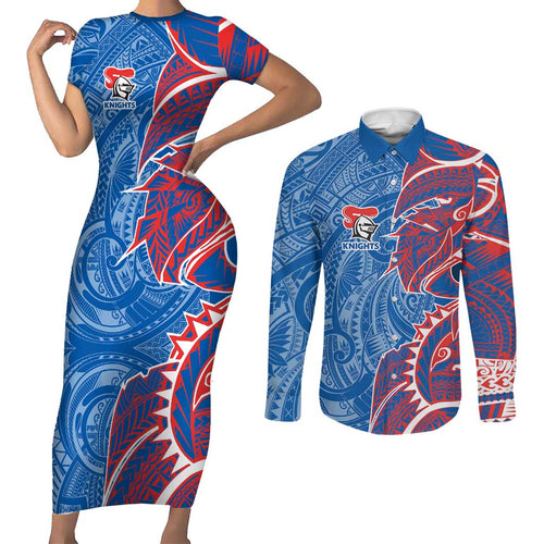 Newcastle Knights Couples Matching Short Sleeve Bodycon Dress and Long Sleeve Button Shirt Polynesian Tribal Tattoo Pacific Sport Art
