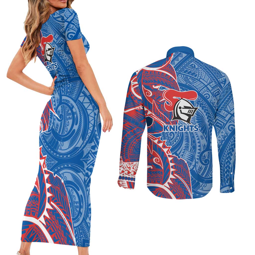 Newcastle Knights Couples Matching Short Sleeve Bodycon Dress and Long Sleeve Button Shirt Polynesian Tribal Tattoo Pacific Sport Art